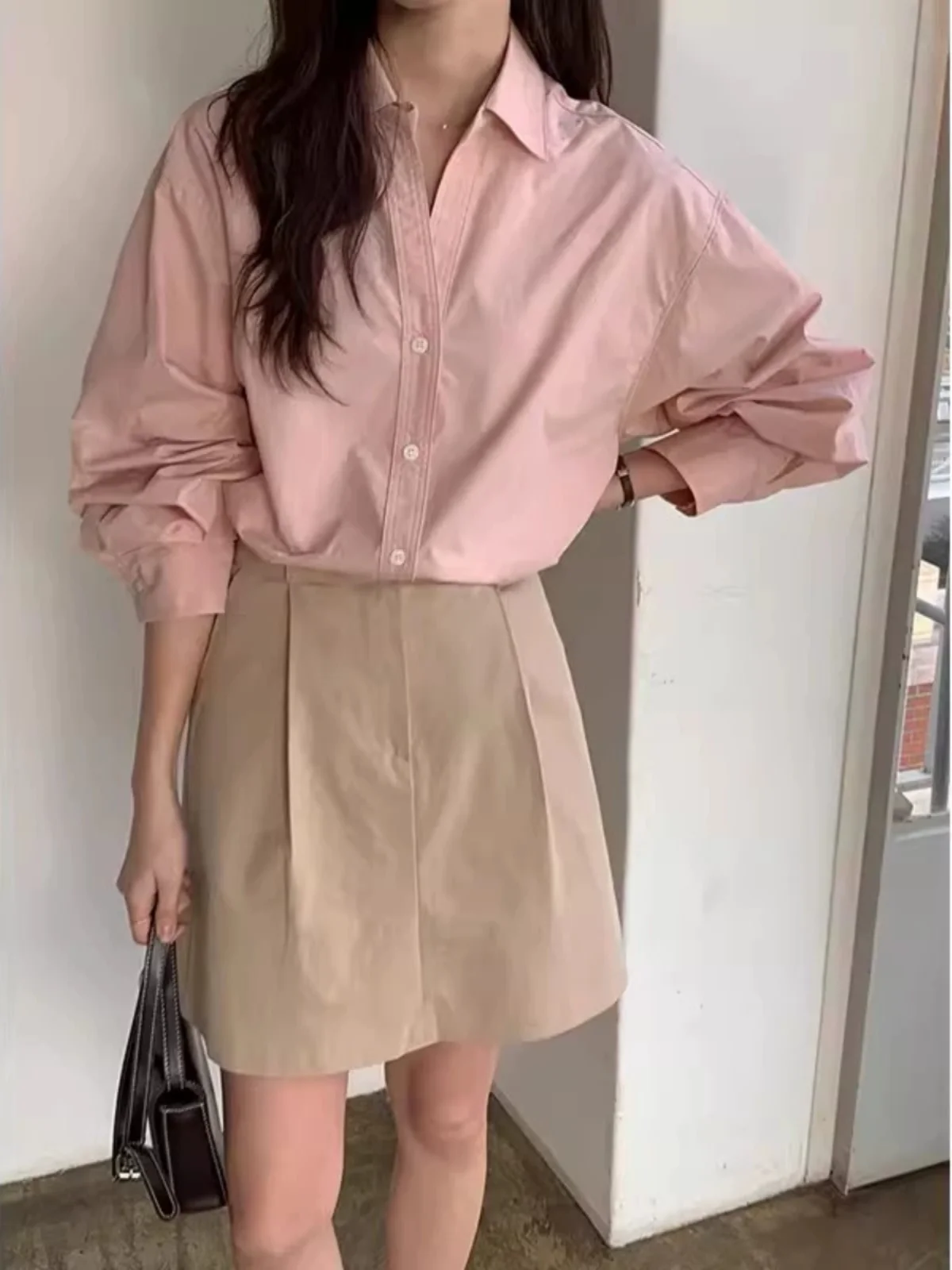 

Ele Pink irt Women's Spring Single Layer Wear Simple Commute White irt Casual Office Outerwear Top Straight Cut Long ...