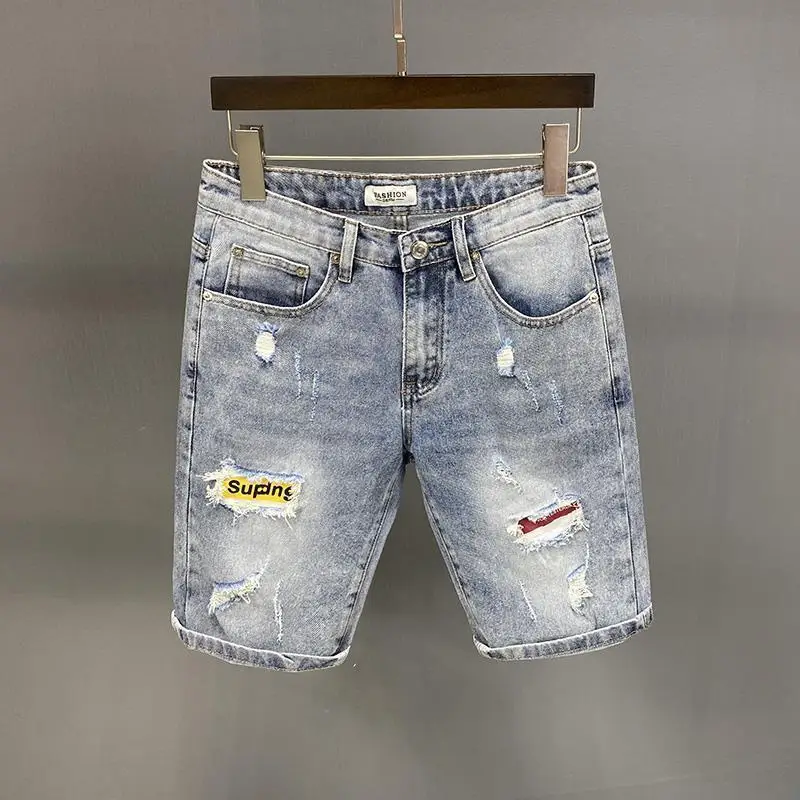 

Летние модные брендовые мужские джинсовые шорты-бермуды в корейском ретро-стиле с дырками, эффектом потертости и средней длины