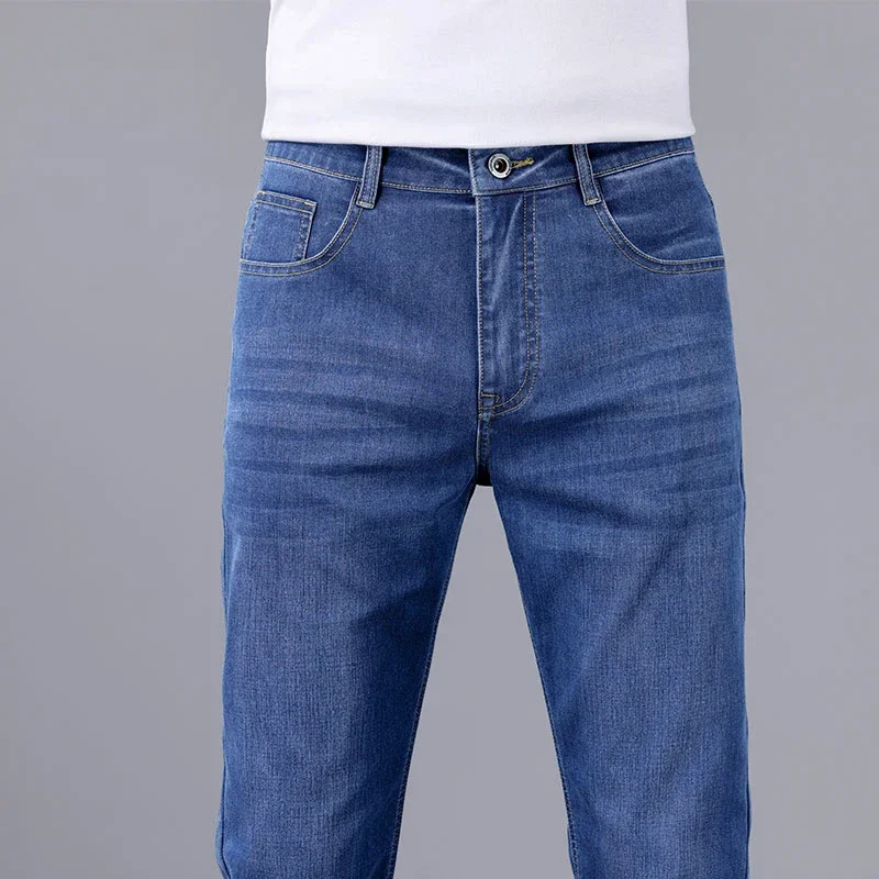 

Джинсы облегающего кроя, мужские летние тонкие новые мужские прямые эластичные трендовые повседневные брюки из ледяного шелка, украшение для одежды, джинсовая одежда