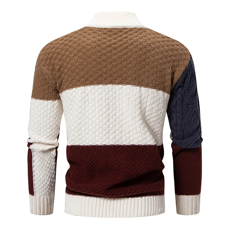Autumn Winter Men\'s Fashion Patchwork Knit Pullovers Slim Fit Casual Knitted Sweater Men Mock Neck Vintage Streetwear Knitwear