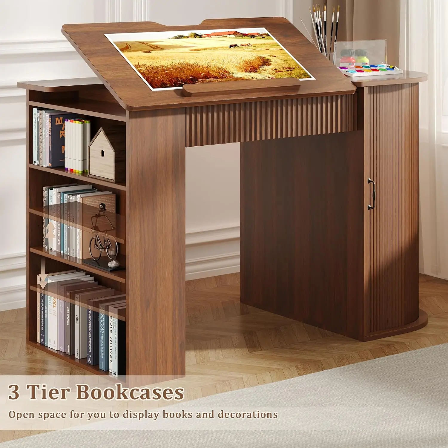 Drafting Table with Storage Cabinet & Drawers, Adjustable Drawing Table with Open Shelves, Crafting Table Art Desk, Customized view 5