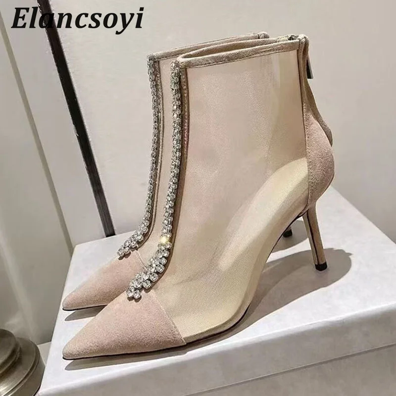 Crystal Mesh High Heel Women Summer Cool Boots Pointed Toe Zipper Short Botas Thin Heel Single Shoes Sexy Banquet Wedding Shoes