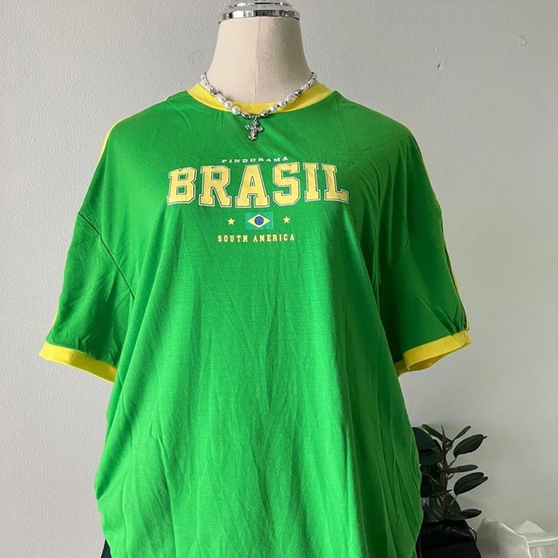 New Brazil Flag Yellow Y2k 00s Summer New Short Sleeve T-Shirt Women Basic Tee Shirt Women Casual V-neck Women Tshirt Female