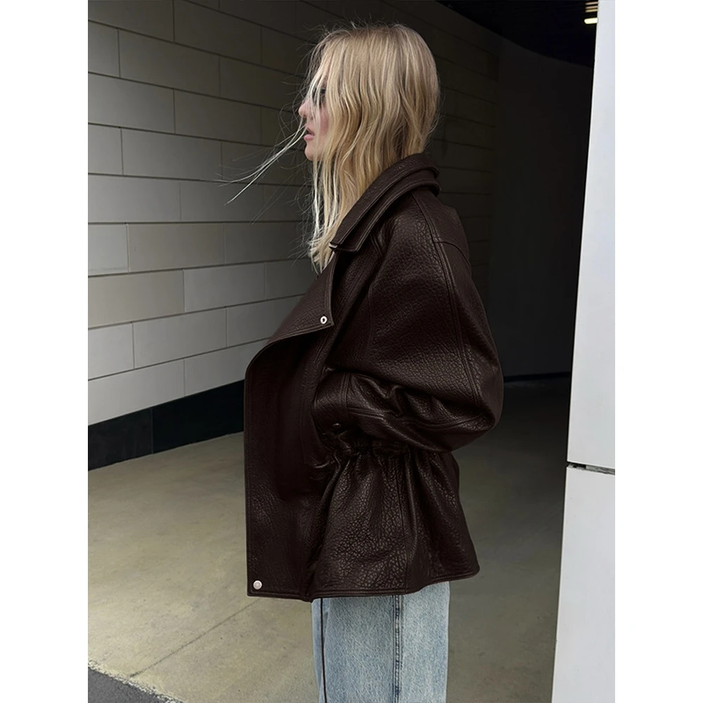 Jaet de cuero Invisible para mujer Otoño Invierno nuevo Sle Faion prendas de vestir exteriores cierre de cremallera abrigo largo de poliéster Sve