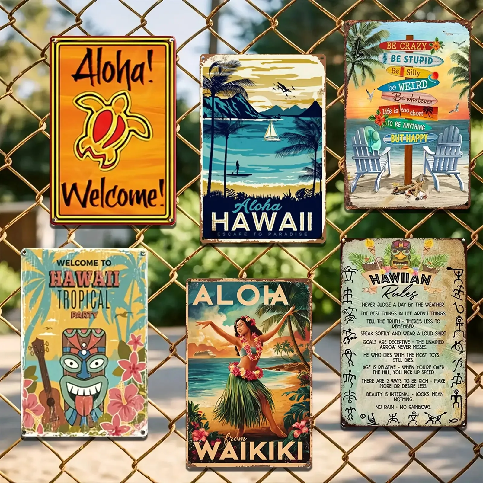 6pcs Set Vintage Hawaiian Metal Tin Signs - Tropical Beach Wall Decor, Includes Aloha Welcome Message and Hawaiian-Themed Slogan