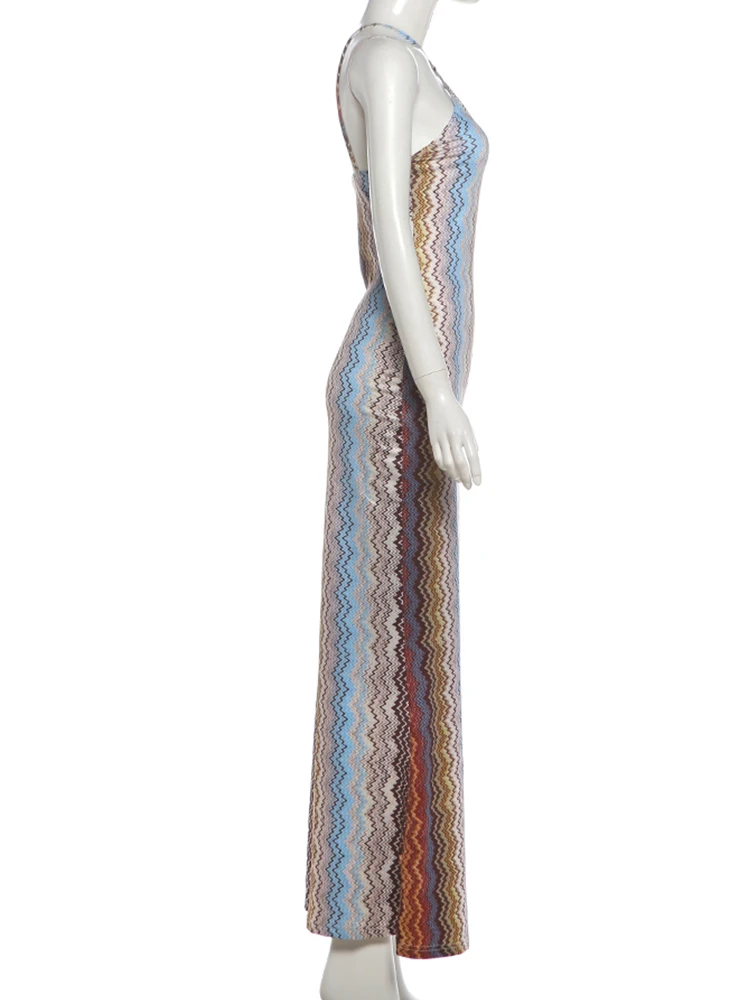 Weird Puss, farbenfrohes, langes Kleid für Damen, Sommer-Trend, Neckholder, schulterfreies Design, rückenfreies Modell, ideal für Urlaub, Strandpartys, eleganter Stil, Vestidos. – Detail 5