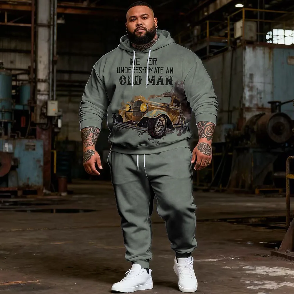 

S-9xl plus size Men's Hoodie Set with Car Elements - Comfortable Casual 2-Piece Outfit for Big & Tall Guys