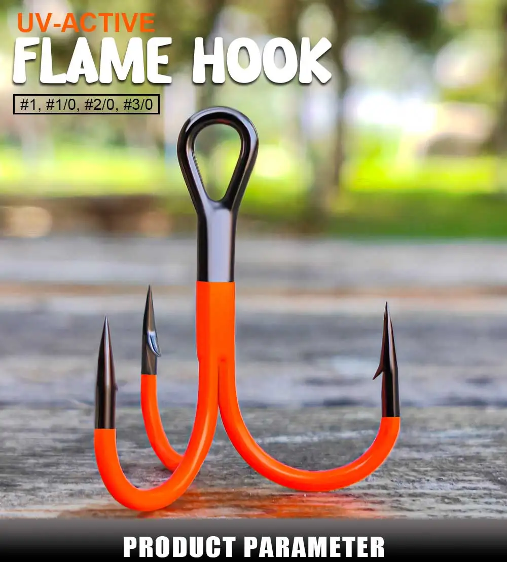 Spinpoler Flame Treble Hook UV Orange/Green Coated Point Treble Hooks 2X Strong Black Nickel Soft Lure Swimbait Pesca Tackle