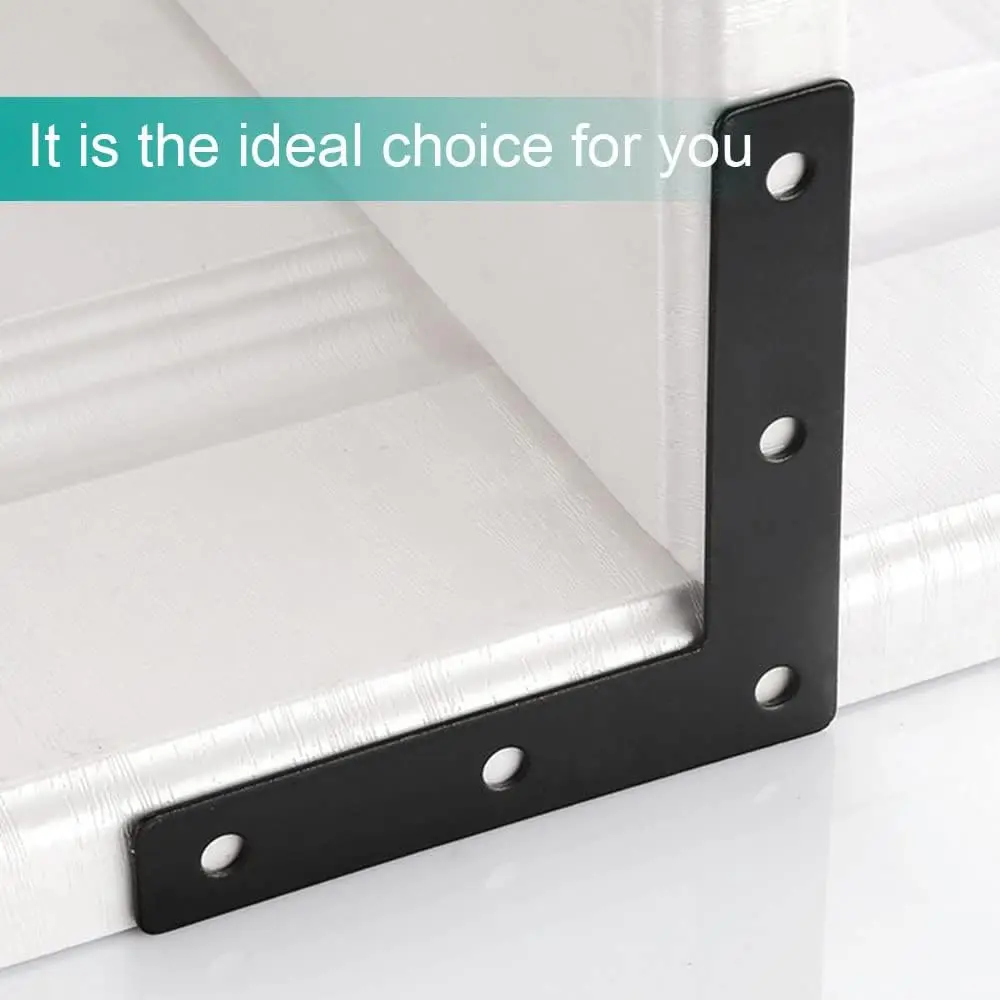 Black L-shaped Flat Angle Brace, Connecting Plate, 90-Degree Brace, for Securing Wooden Furniture