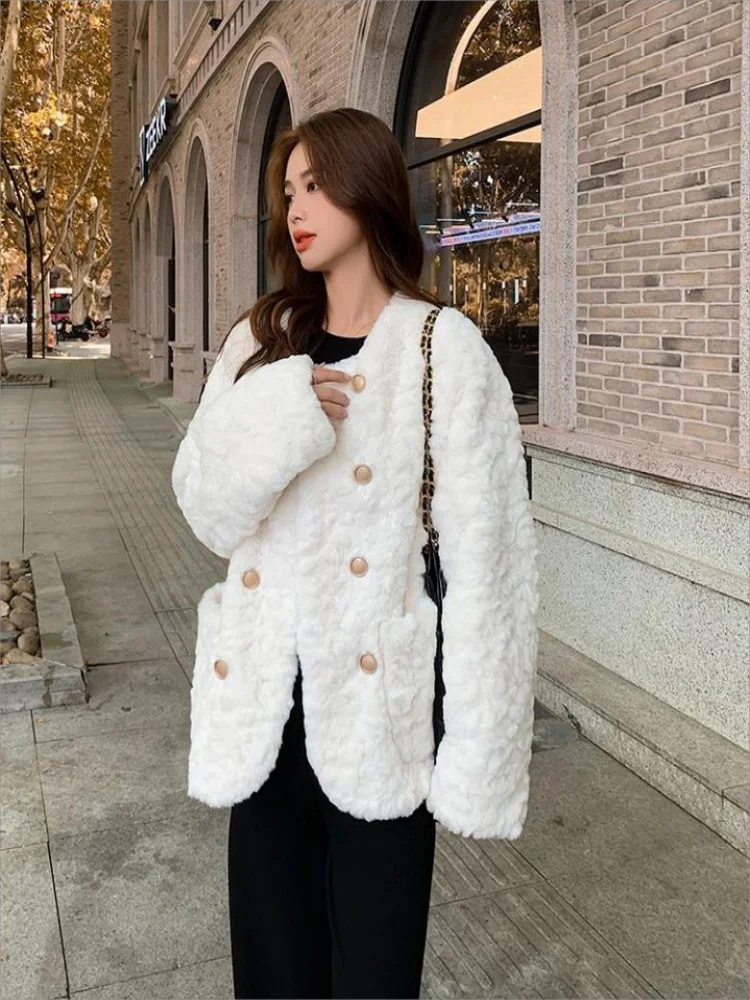 2024 Autumn and Winter New Women Lamb Wool Coat Loose Short Top Thick Warm Cotton Jacket Fashion Outwear Relaxation Outcoat