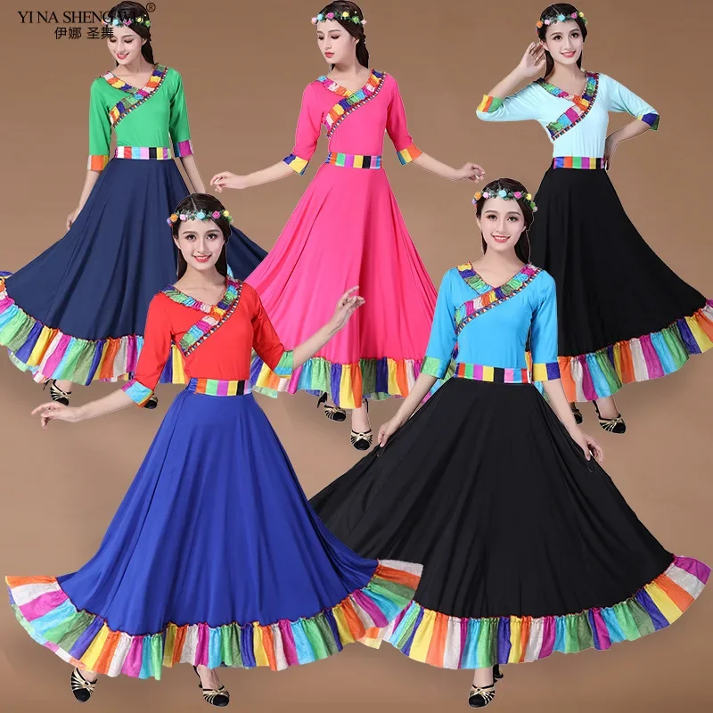 

Women Chinese Traditional Costume Stage Dance Wear Folk Costumes Performance Festival Tibetan Outfit Long Skirts Dancing Set