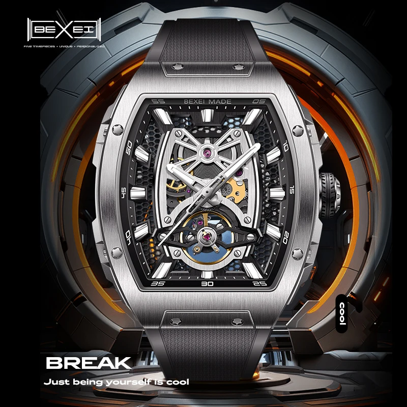 BEXEI 9195 Barrel shape Tonneau watch skeleton dial Automatic mechanical  movement for men Luminous Sapphire business watch