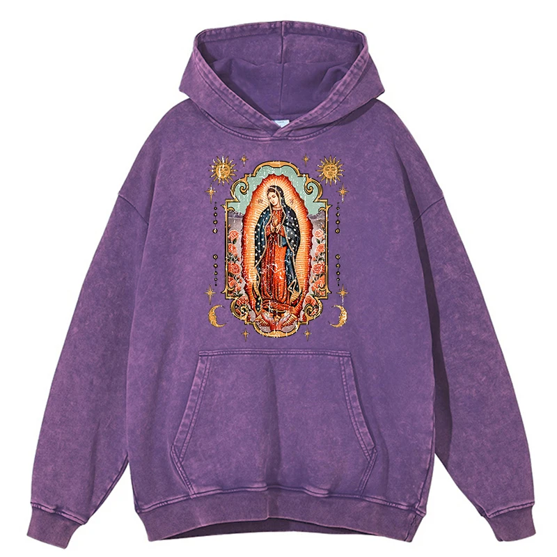 

Retro Distressed Wash Our Lady Of Guadalupe Hoodie Men Fashion Hooded 100% Cotton Hip Hop Loose Clothes Loose Oversized Hoody