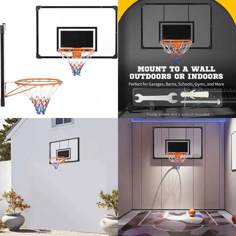 แป้นบาสเก็ตบอลติดผนังในร่ม/กลางแจ้งพร้อมแป้นบาสก์ขนาด 45 x 29 นิ้ว ป้องกันการแตกหัก ห่วงบาสเก็ตบอลที่ทนทาน และตาข่ายทุกสภาพอากาศ