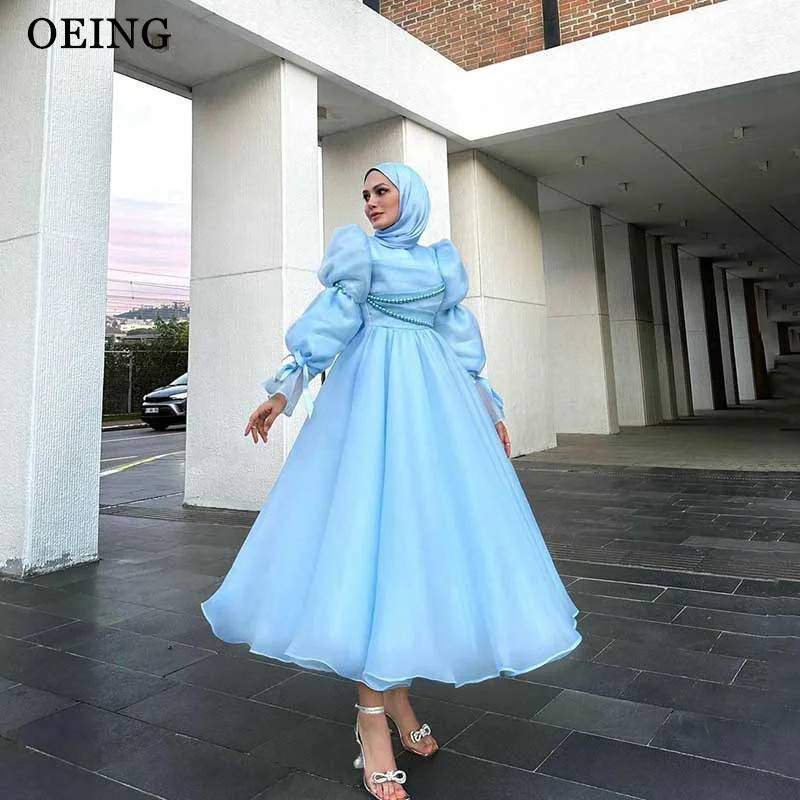 OEING Simple Sky Blue Organza Prom Evening Dresses Muslim Arabic Dubai Women Long Sleeves High Neck Formal Prom Party Gowns