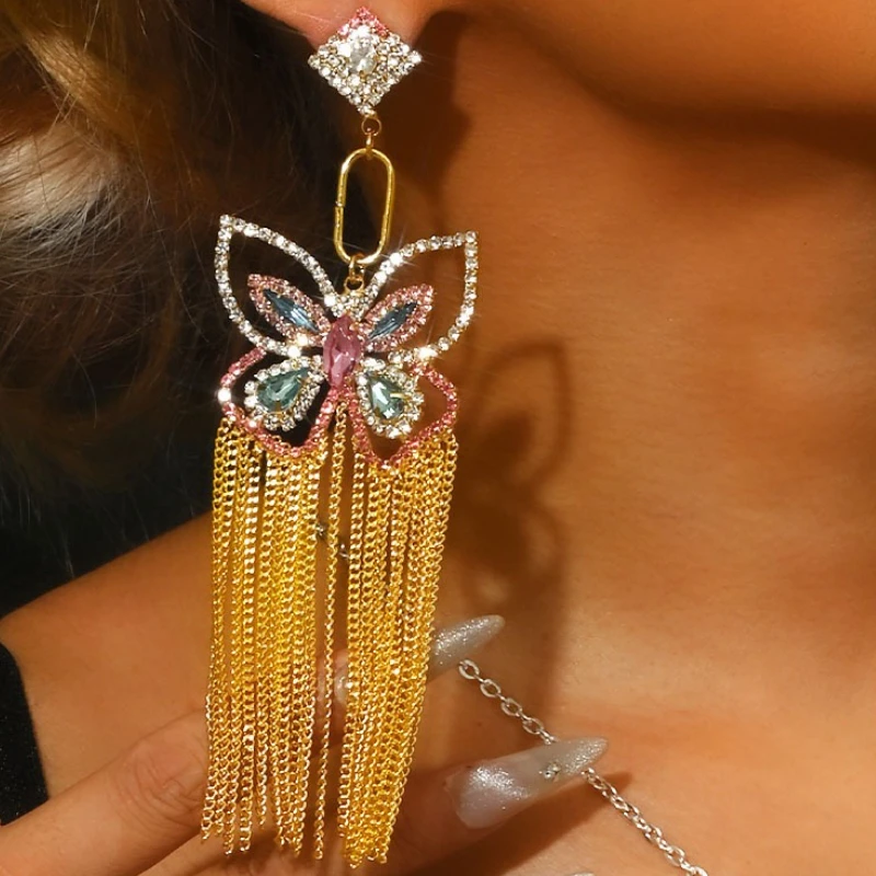 أقراط شرابة على شكل فراشة وردية لامعة Y2k أنيقة للنساء والفتيات أقراط كريستالية ساحرة مجوهرات فاخرة مصممة #6