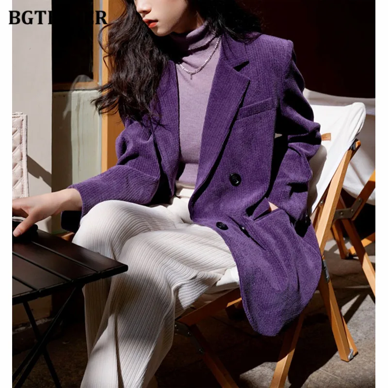 

BGTEEVER Notched Collar Ladies Corduroy Suit Jackets Loose Double Breasted Women Blazer Autumn Winter