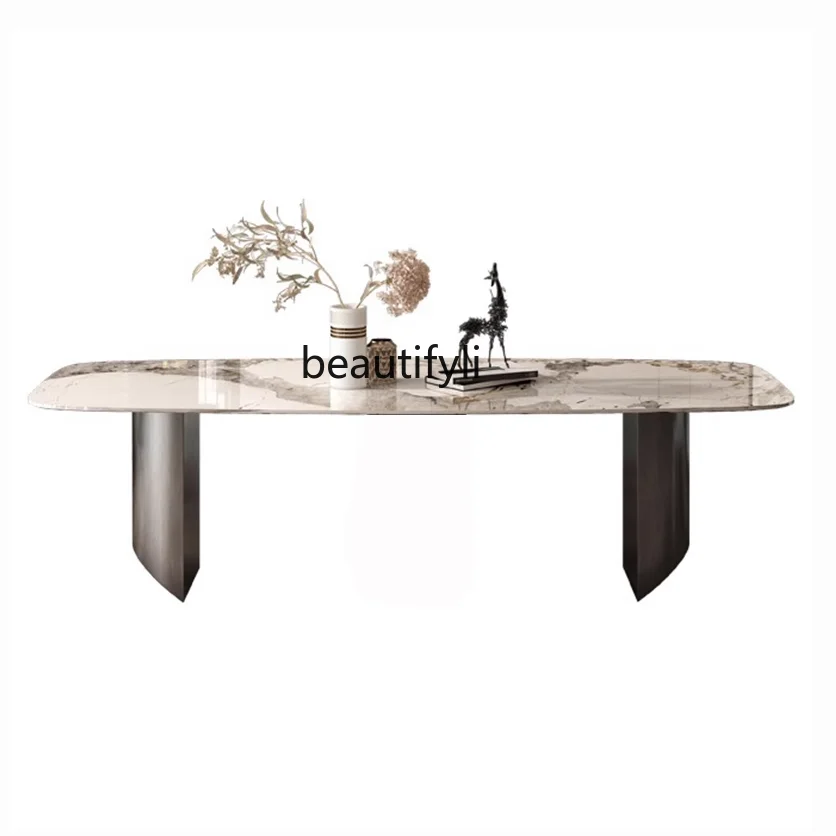 

Light luxury bright rock slab dining table rectangular Italian minimalist modern home dining table small apartment