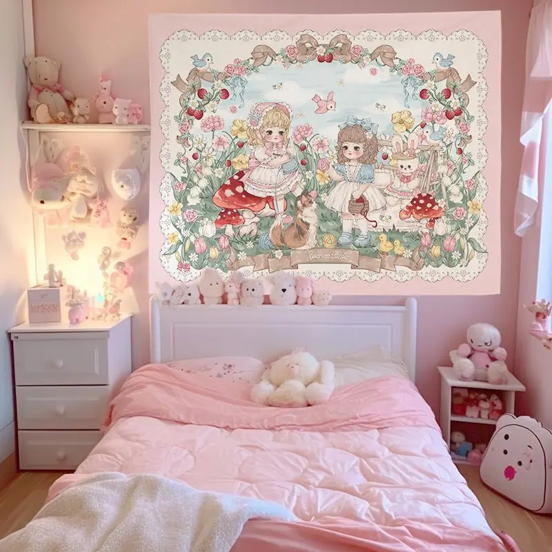 VIKAMA Retro Countryside Lolita Girl Tapestry, Flower Fairy Tale Wall Hanging for Bedroom Living Room Dorm Decor