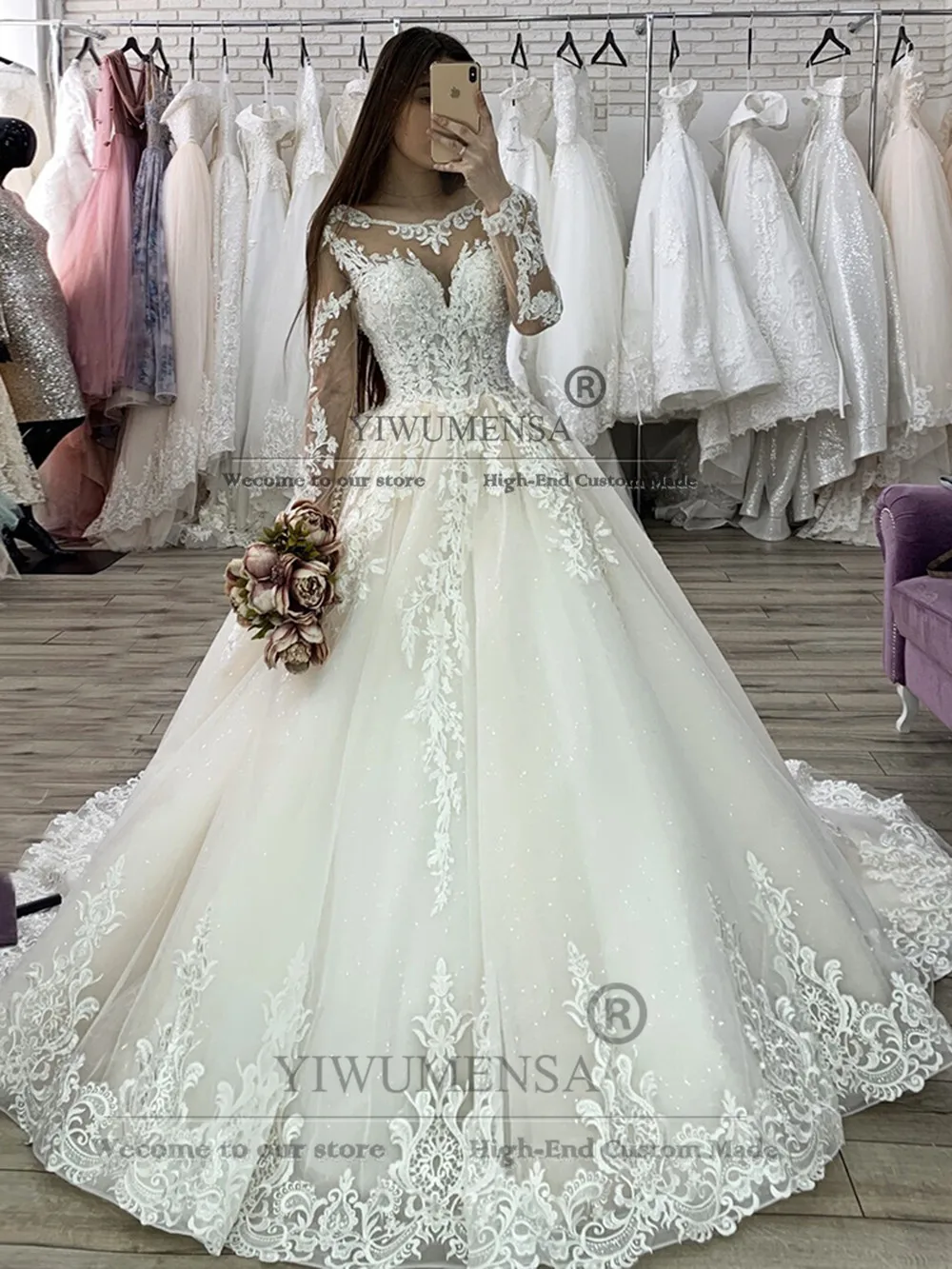 럭셔리 스팽글 튤 아플리케 웨딩 드레스 스쿱 넥 긴 소매 레이스 아플리케 신부 드레스 공식 파티 드레스