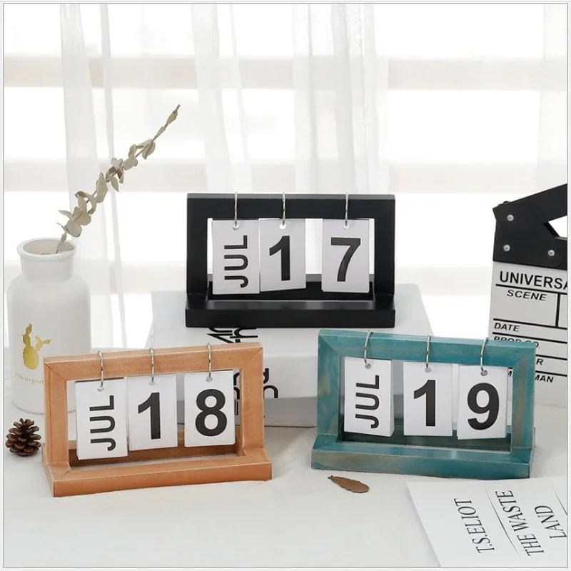 Creative Home Calendar Desktop Decoration Retro Simple Coffee Shop Office Living Room Wooden Manual Flip Decoration Supplies