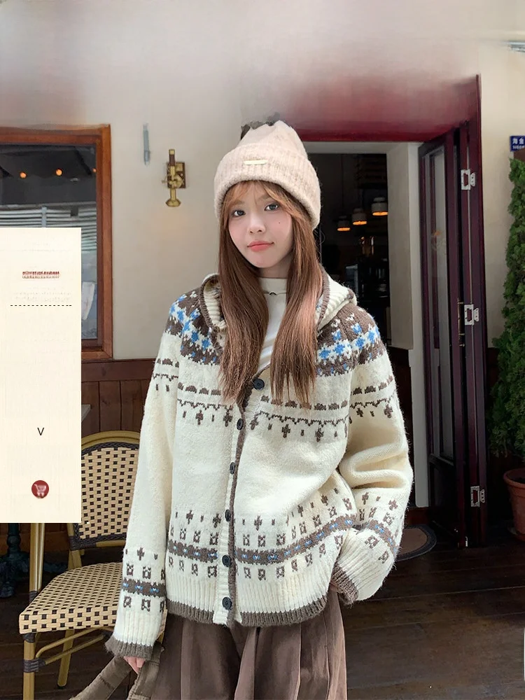 

Зимняя женская свободная вязаная шапка Fair Isle, свитер Suihou Advanced Feel, винтажный вязаный кардиган с капюшоном, верхняя одежда, топ