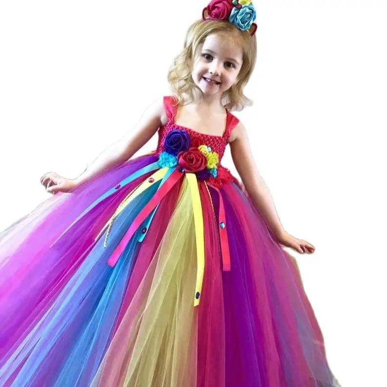 Girls Rainbow Unicorn Tutu Dress Kids Crochet Tulle Dress Ball Gown with Flower Hairbow Children Birthday Party Costume Dresses