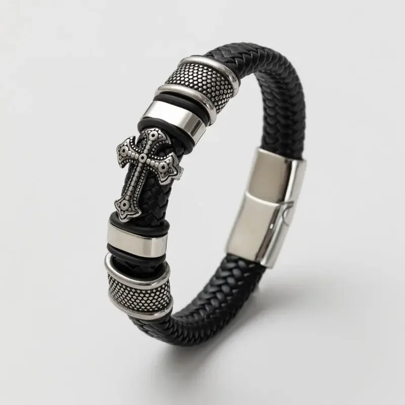Men\\\\'s Classic Black Leather Bracelet Metal Magnetic Buckle Fashion Bracelet Jewelry Casual Daily All-Match Jewelry image 4