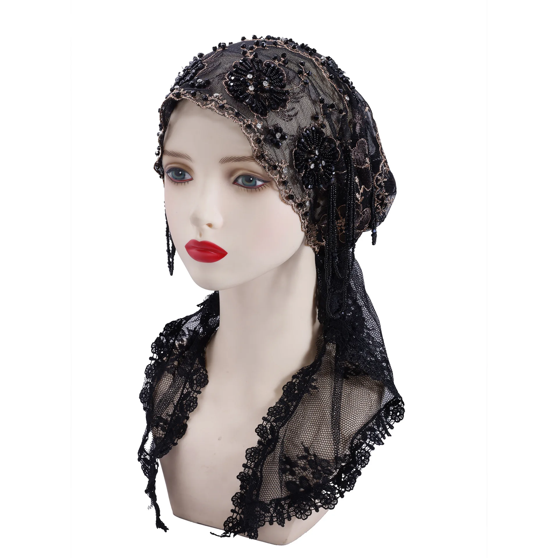 タッセルビーズ付きプレタイドターバンハット エレガントな女性用ムスリムヒジャブ レース刺繍ヘッドスカーフ イスラムヘッドラップ ボンネットキャップ ヘッドウェア 女性用