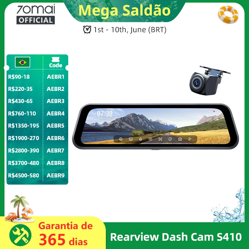 Câmera de Painel Traseiro 70mai S410 com Tela Espelho de 9.35\", Frontal 2K e Traseira 1080P, Abertura F1.55, Supercapacitor, Proteção 24/7