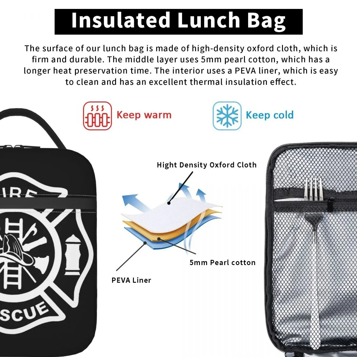 Fire Rescue Firefighter Insulated Lunch Bag for Outdoor Picnic Waterproof Thermal Cooler Lunch Box Women Kids