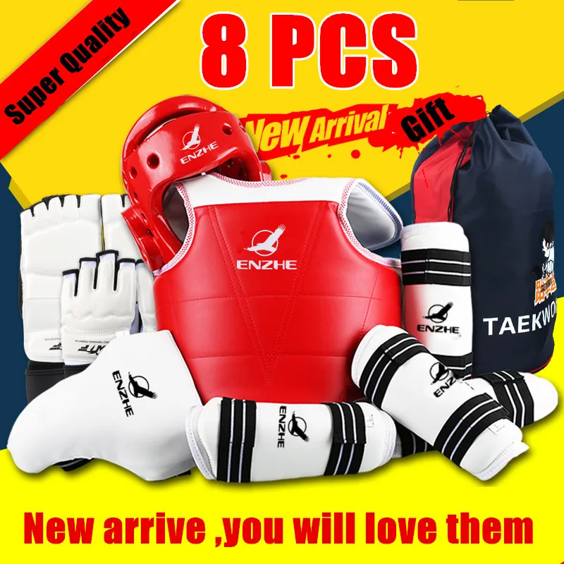 

8pcs High Quality Taekwondo Protectors Suite WTF Approved Shin Forearm Chest Guard Karate Helmet Groin Guard TKD Glove Shoeswear