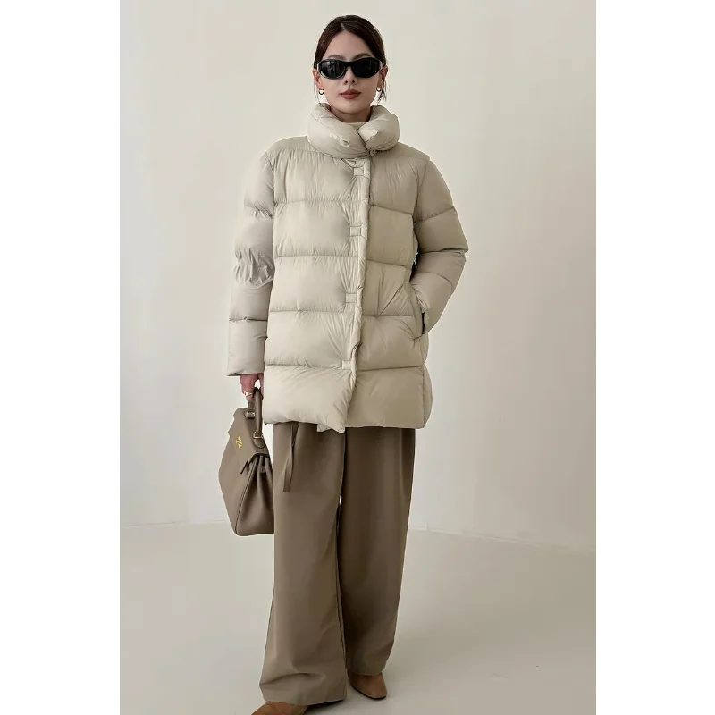 Winter Down Coats Women 2025 Retro Chinese Style Mid-length Thick Jacket 90% White Duck Tide Loose Stand-up Collar Sweet Fresh