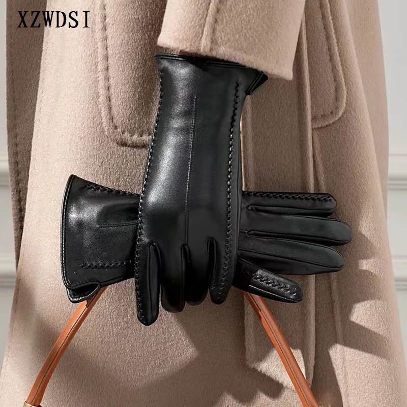 女性用暖かい秋冬用防風本革羊革手袋、ポリエステル裏地付き