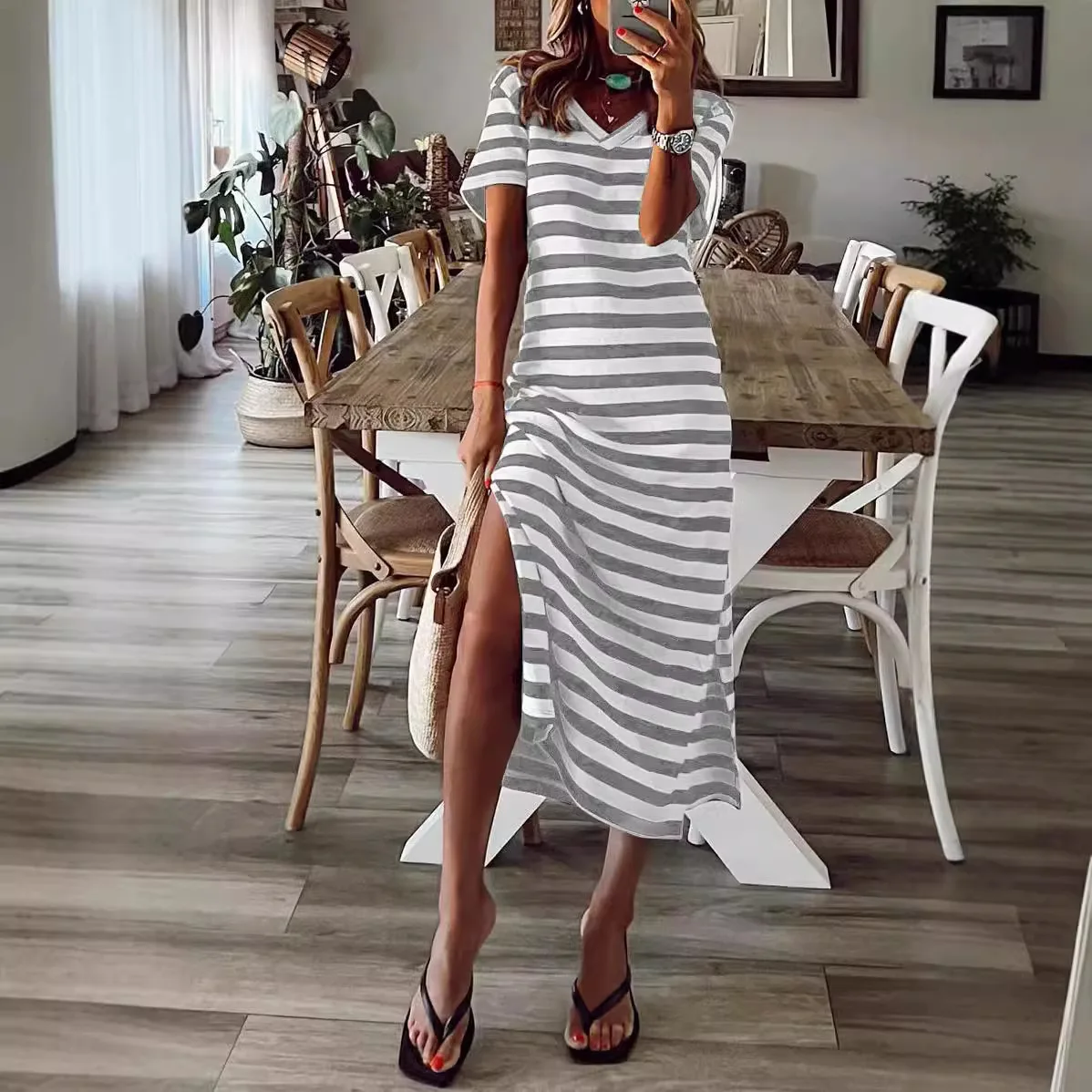 Summer 2025 Women's Loose Svel Striped Straight Dr Street Sle Cotton Polyester A-Line Dr V-Ne Long Dr