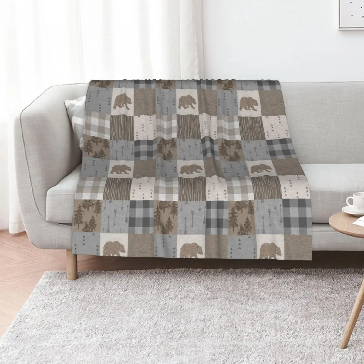 Bear Patchwork - Rustic Neutrals Throw Blanket christmas gifts Flannel Comforter Sofa Soft Big Furry Blankets
