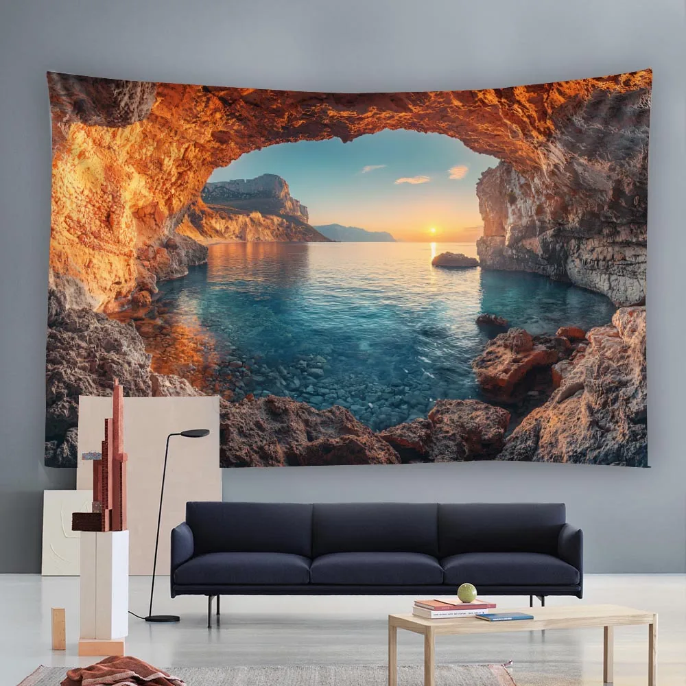 Sea Reef Cave Sunrise Tapestry Natural Landscape Wall Hanging for Bedroom Living Room Homestay Decor Background Cloth