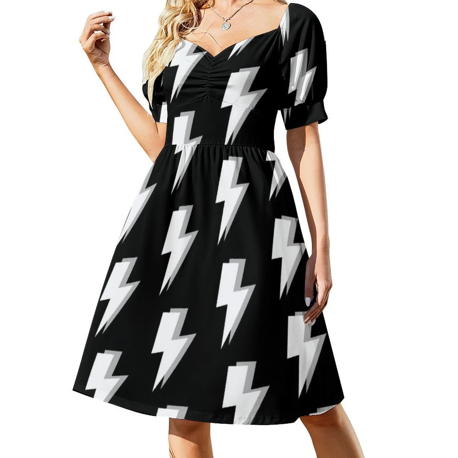 البرق الأبيض والرمادي على خلفية سوداء فستان بخط عنق على شكل قلب فستان أنيق للحفلات الصيفية للنساء باللونين الأبيض والرمادي #2