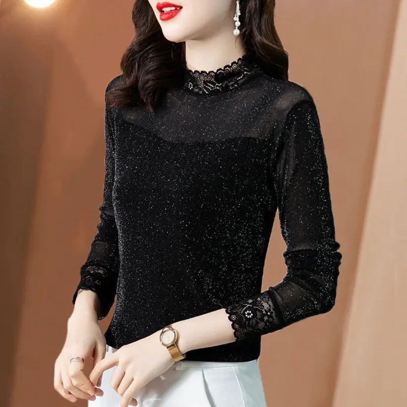 Sexy Elegant Mesh Lace Bright Silk Skinny Half High Collar Basic Ladies Tops Autumn Winter Women Casual Long Sleeve Warm T-shirt