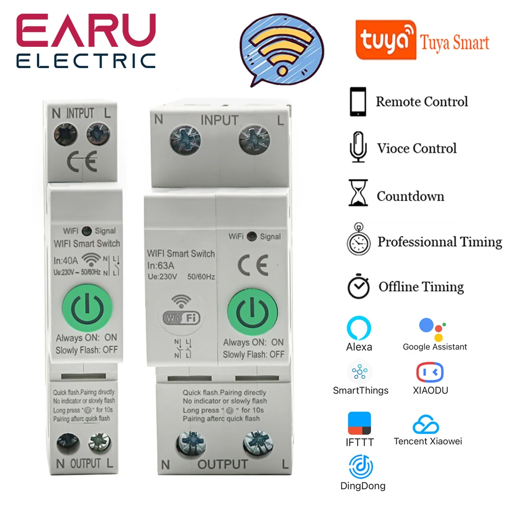 

1P+N 2P 40A 63A WiFi Circuit Breaker Smart Timer Switch Relay Remote Control By Tuya APP With Smart Home Voice Alexa Google Home