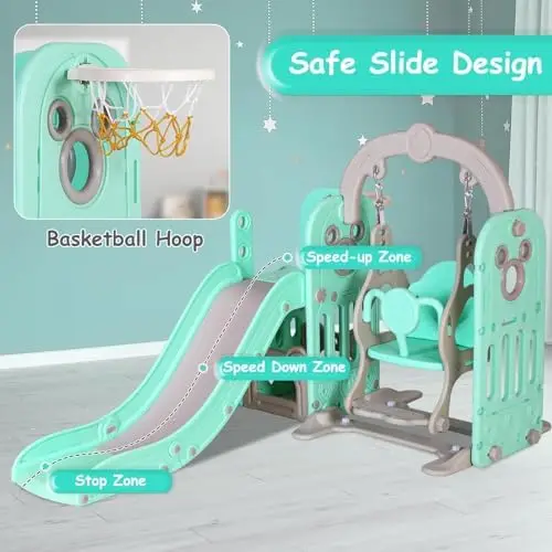 7 in 1 Toddler Slide and Swing Set, Freestanding Kids Large Climber Playset with Basketball Hoop,Storage Space, Baby