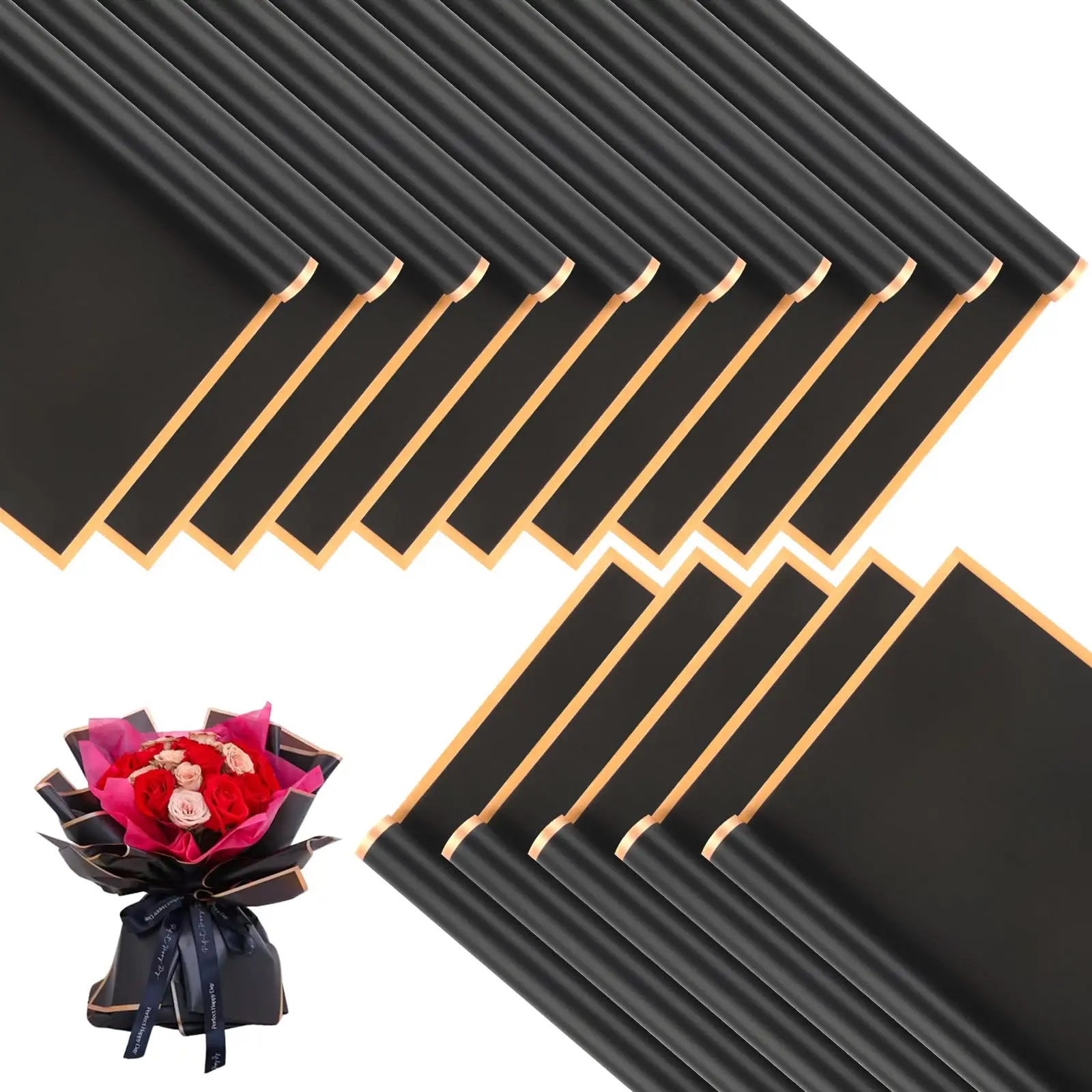 20 Sheets Black Flower Wrapping Paper with Golden Edges, Korean Florist Bouquet Supplies, Waterproof Packaging, Great for DIY Cr