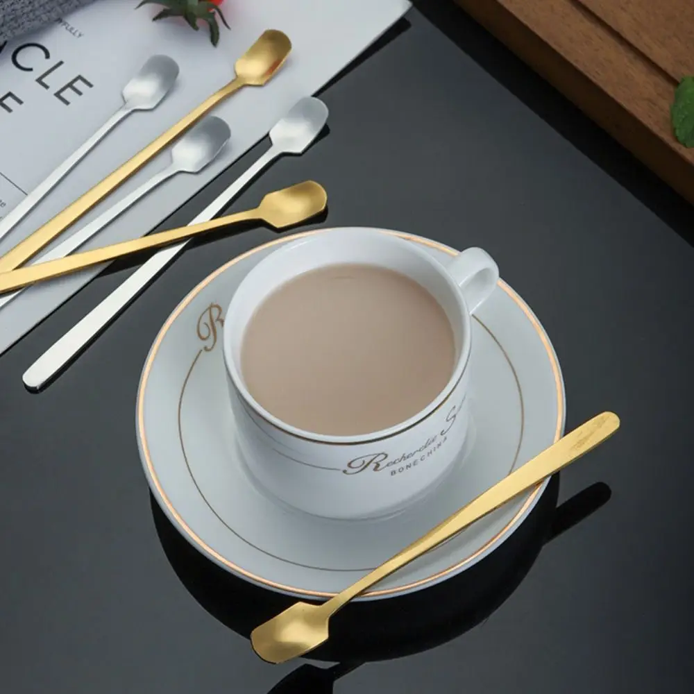 5pcs Personalized Long Handle Square Teaspoon Stainless Steel Silver/gold Coffee Stirring Spoons Dessert Scoops Ice Cream