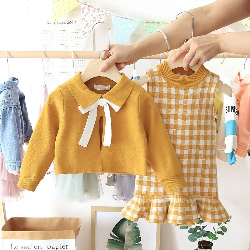 2024 Baby Girl Fashion Clothing Set Cute Bow Sweaters+plaid Dress,girls Infant Elegant Clothes Sets Children Party Birthday Wear