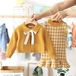 2024 Baby Girl Fashion Clothing Set Cute Bow Sweaters+plaid Dress,girls Infant Elegant Clothes Sets Children Party Birthday Wear