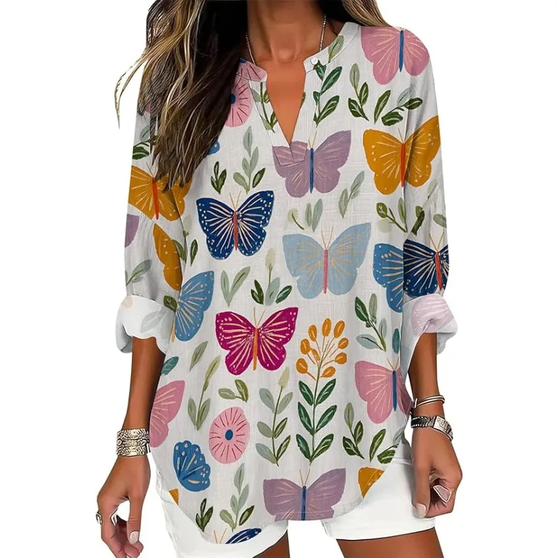 

Women's Blouse Summer 2025 New Fashion Pattern Long Sleeve Shirt V-Neck Butterfly Flower Pattern Top Casual