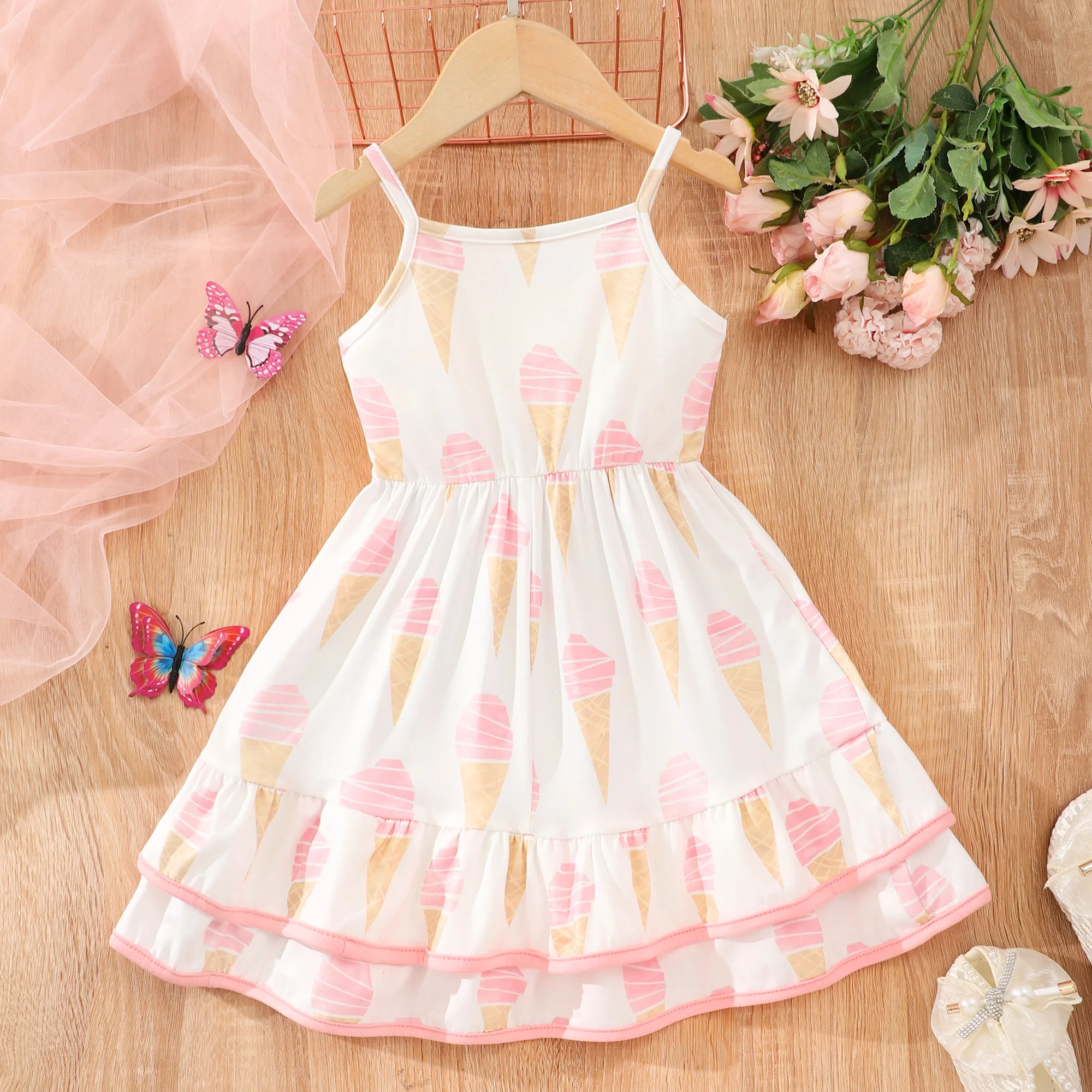 Little Girls Cute Ice Cream Print Cami Dress For Spring Summer