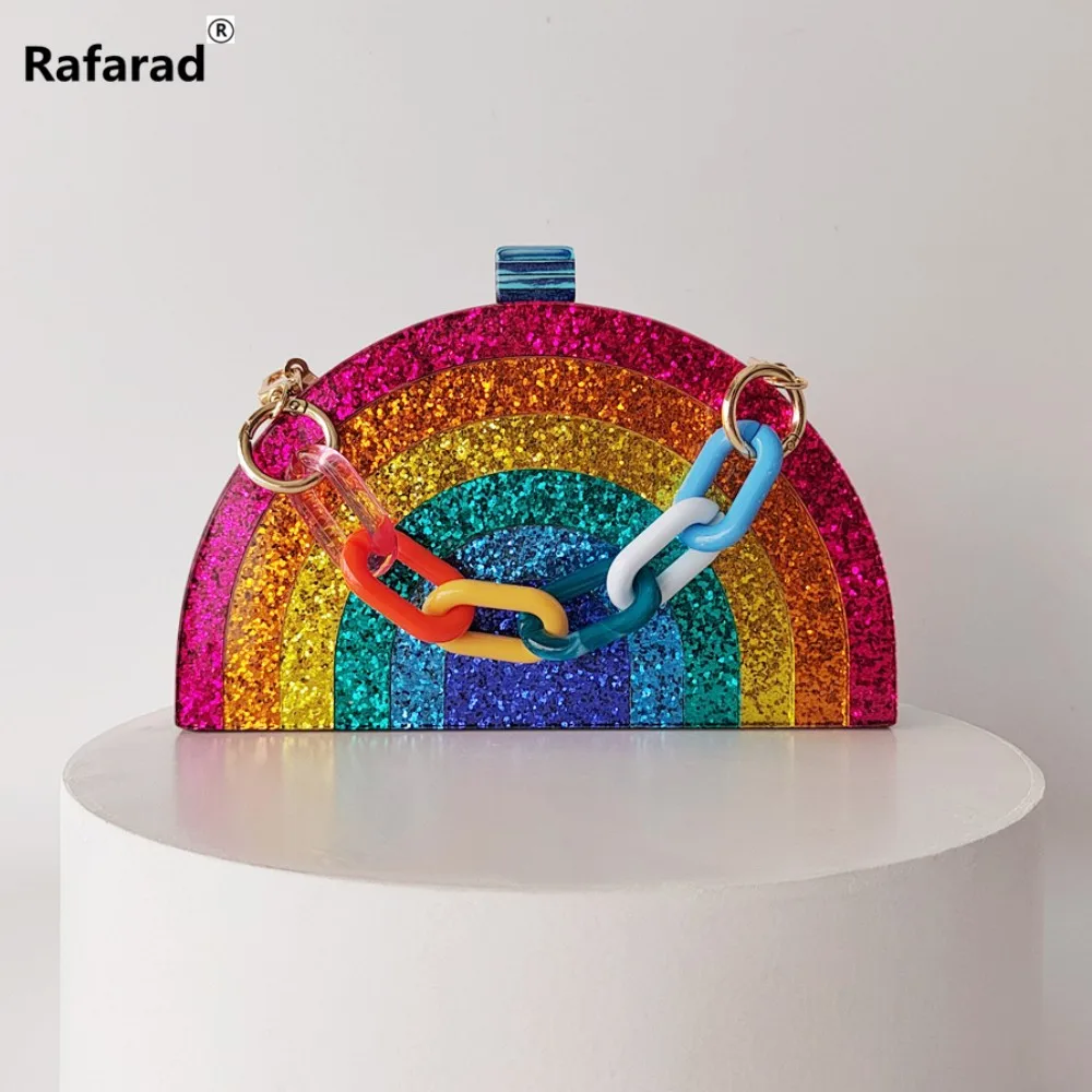 

Rainbow Striped Colorful Glitter Acrylic Box Evening Women Korean Luxury Brand Soft Purse And Handbag Lady Casual Shoulder Bag