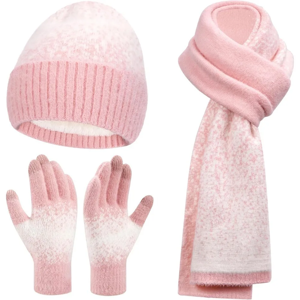 المرأة الشتاء قبعات صغيرة متماسكة وقفازات لمس وشاح طويل مجموعة مع الدافئة صوف مبطن قبعات الجمجمة الأوشحة للنساء