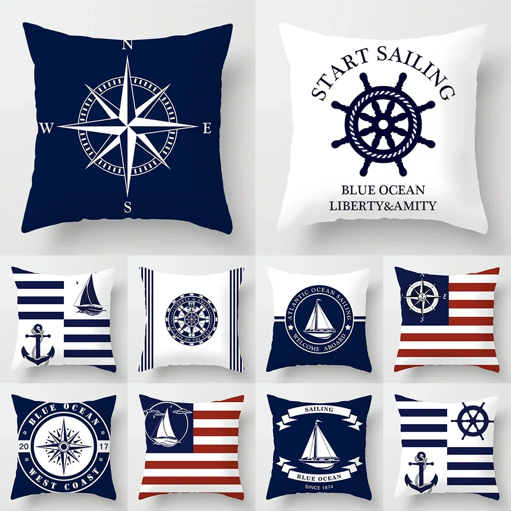 

Nordic Dark Blue Nautical Series Printed Pattern Cushion Cover Home Living Room Sofa Decoration Square Pillow